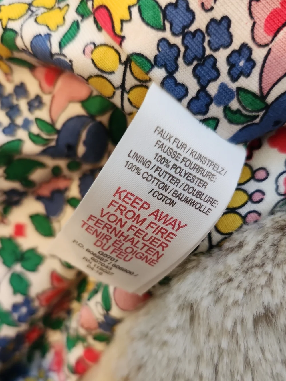 Mini Boden Cream Plush Hooded Puffer Jacket with Floral Lining
